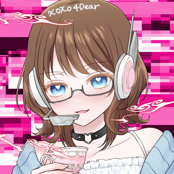 Anime-style portrait of a character with headphones and glasses, wearing a choker and holding a drink, against a pink pixelated background. Text 'xoxo 4Dear' visible.