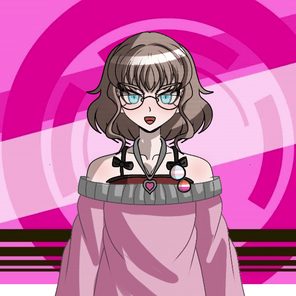 Anime-style portrait of a character with glasses and wavy hair, wearing an off-shoulder pink top with a heart pendant necklace, against a bright pink circular background.