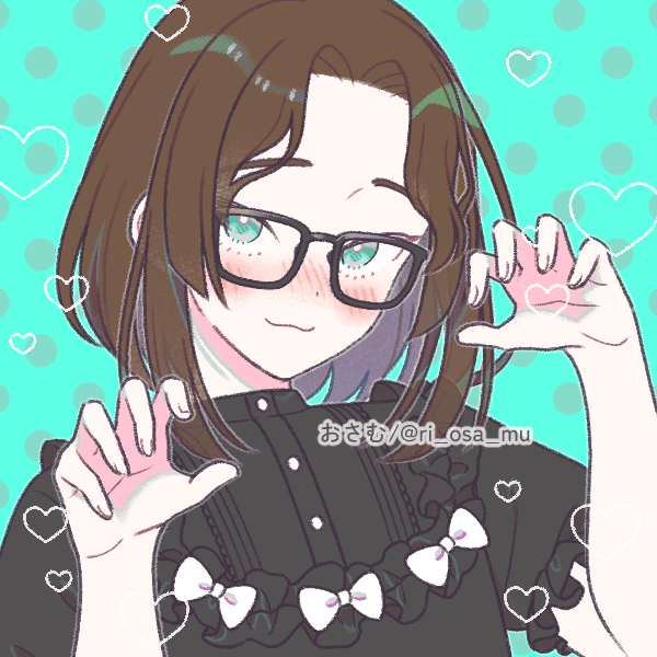 Anime-style illustration of a character with brown hair and glasses, making cat claw shapes with her hands. She wears a black outfit with white bows, surrounded by heart symbols on a turquoise background.