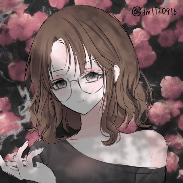 Anime-style portrait of a character with wavy brown hair and glasses, looking thoughtful against a background of pink cherry blossoms. She wears an off-shoulder dark top, and has a lit cigarette in her hand.