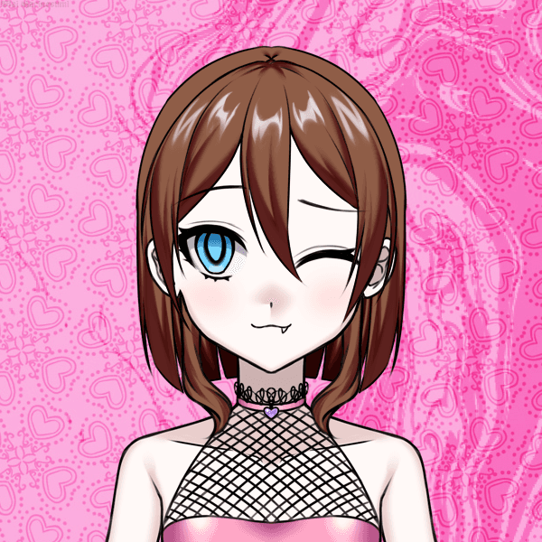 Anime-style portrait of a character with brown hair and blue eyes, wearking a pink top with a mesh chest, against a pink background.