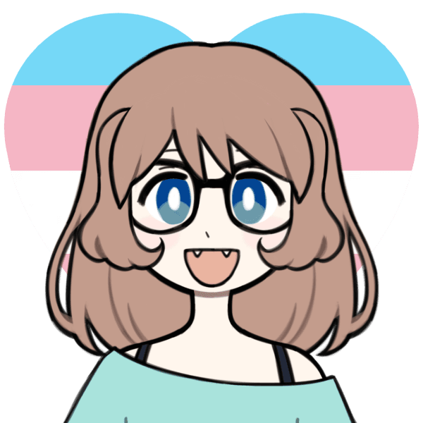 Cartoon portrait of a character with brown hair and glasses, smiling against a transgender flag heart background