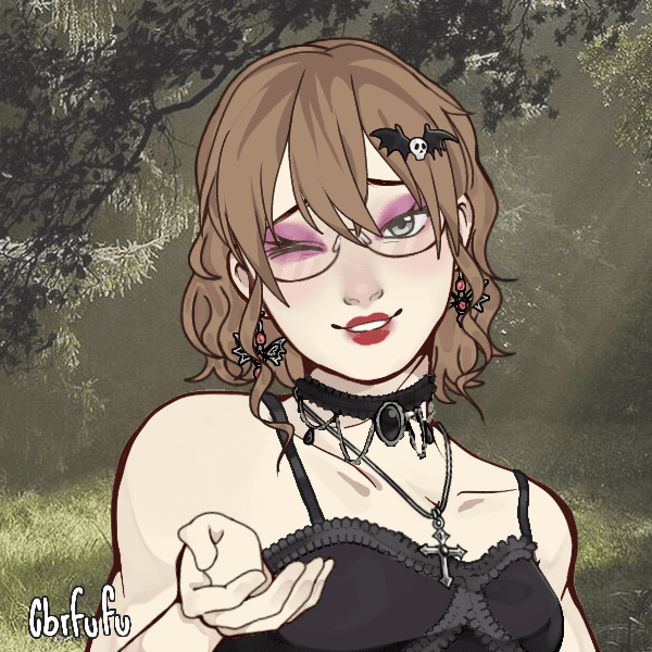 Gothic anime-style portrait of a character with purple eyeshadow, spider hair clip, and choker necklace in a forest setting