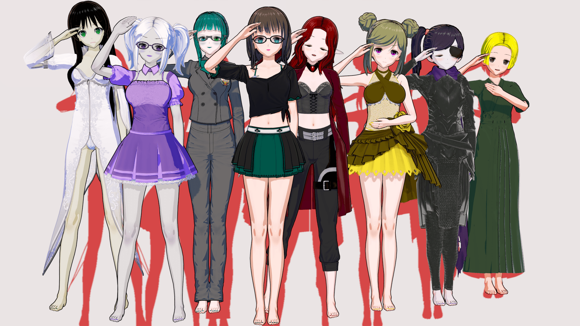 Nine anime-style female characters with diverse colorful outfits including dresses, crop tops, skirts, and pants, posing together against a light background, some making peace signs or pointing at the viewer