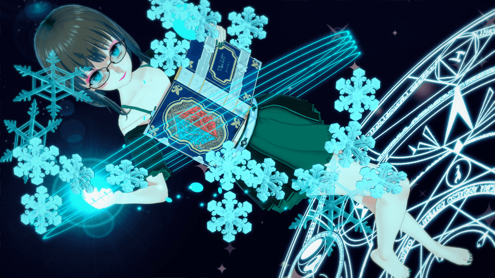 Illustration of an anime girl with glasses and short brown hair floating in a surreal space environment, surrounded by glowing teal snowflakes, silver sparkles, and layered geometric designs resembling railroad tracks or wheels against a dark starry sky background.