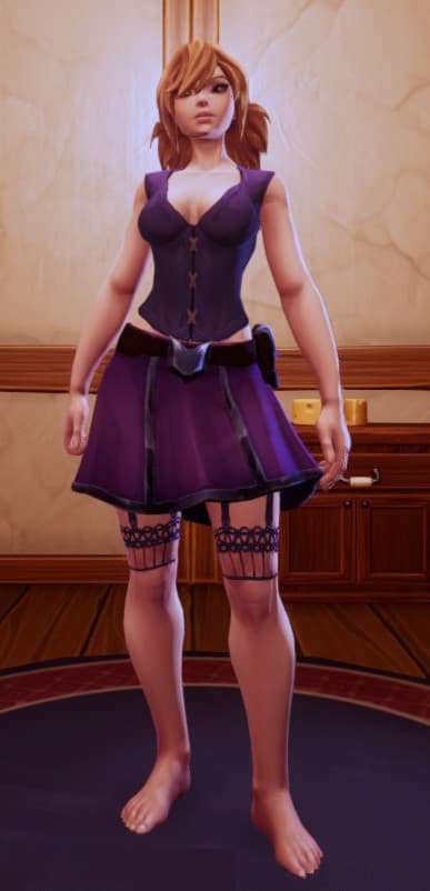 A 3D rendered character in a video game or animation style, standing barefoot on a circular platform. They wear a dark purple corset-style top with buttons down the front, paired with a matching flared skirt. Around their thighs are decorative garter-like bands with an intricate pattern. The character has reddish-brown hair styled in two side ponytails and stands in a neutral pose against a backdrop of wooden paneled walls.