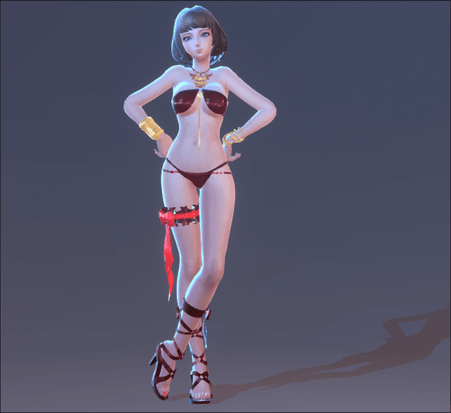 A 3D rendered anime-style female character model shown in a confident pose against a dark gray background. She has a short black bob haircut and is wearing a burgundy bikini-style outfit with gold accents, including a central pendant. Her accessories include gold bracelets and a red decorative garter or belt around one thigh. She wears elaborate burgundy strappy sandals that lace up her calves. The character is standing with hands on hips in a pose that casts a distinct shadow. The rendering features smooth shading and a slight bluish rim lighting effect that highlights the character's silhouette.