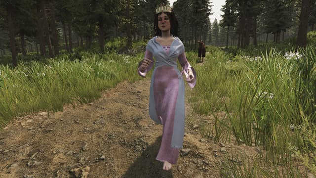 Digital illustration of a character in a white and pink dress with bell sleeves and a crown, walking on a dirt path through a forested area with tall grass and flowers.