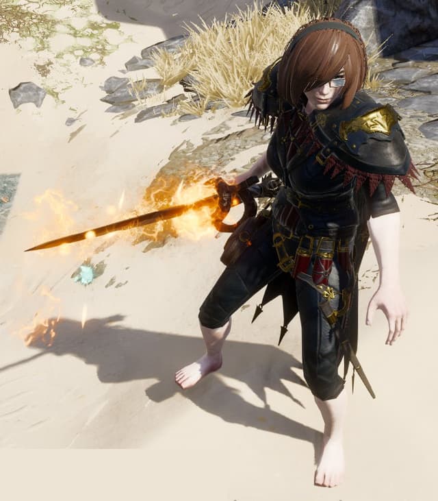 A digital artwork depicting a warrior character in a dynamic pose, wielding a flaming sword. They wear dark armor with gold accents and red trim, with a tattered cape. Their brown hair partially covers their face, and they are barefoot. The background shows a desert-like environment with pale grasses. The sword glows with intense orange flames, creating dramatic lighting effects. The character's stance suggests they are mid-combat or preparing to strike.