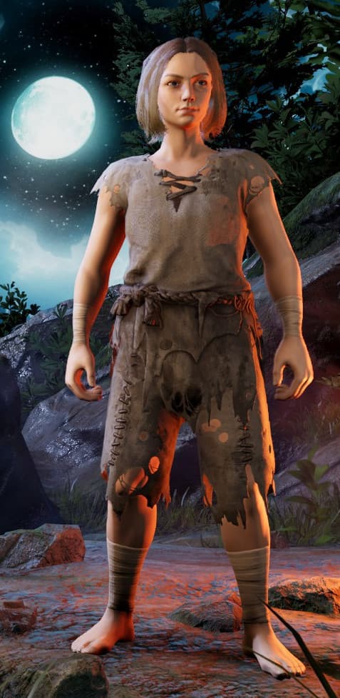 A 3D rendered character standing in a nighttime wilderness setting, illuminated by a large full moon and orange ambient lighting. The figure wears tattered, primitive clothing consisting of a rough-textured tunic and shorts with wrapped cloth around the lower legs. The clothing appears weathered and torn. The character is positioned on rocky terrain with foliage visible in the background. The lighting creates a dramatic contrast between cool moonlight and warm ground reflections.