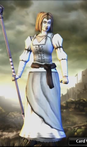 Digital artwork of a fantasy character with white hair in a long white dress holding a staff, standing against a backdrop of cloudy skies and distant ruins.