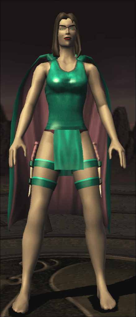 A 3D rendered female video game character model wearing a shiny green outfit consisting of a sleeveless top and short skirt with thigh straps. The character has long brown hair and is standing in a neutral pose with a dark cape draped behind her.