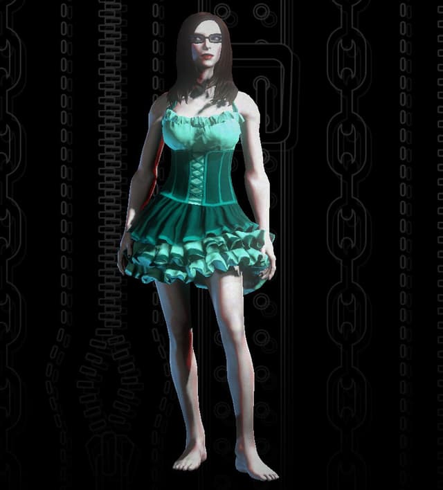 A 3D rendered figure standing against a dark background with binary code and chain-link patterns. The figure wears a turquoise green dress with a corseted bodice featuring lace-up details. The dress has a ruffled sweetheart neckline and a full skirt with multiple tiers of frills. The figure has long straight dark hair and wears glasses. The figure is barefoot and appears to be rendered in a video game or digital art style. The lighting creates dramatic highlights and shadows on the dress and figure.