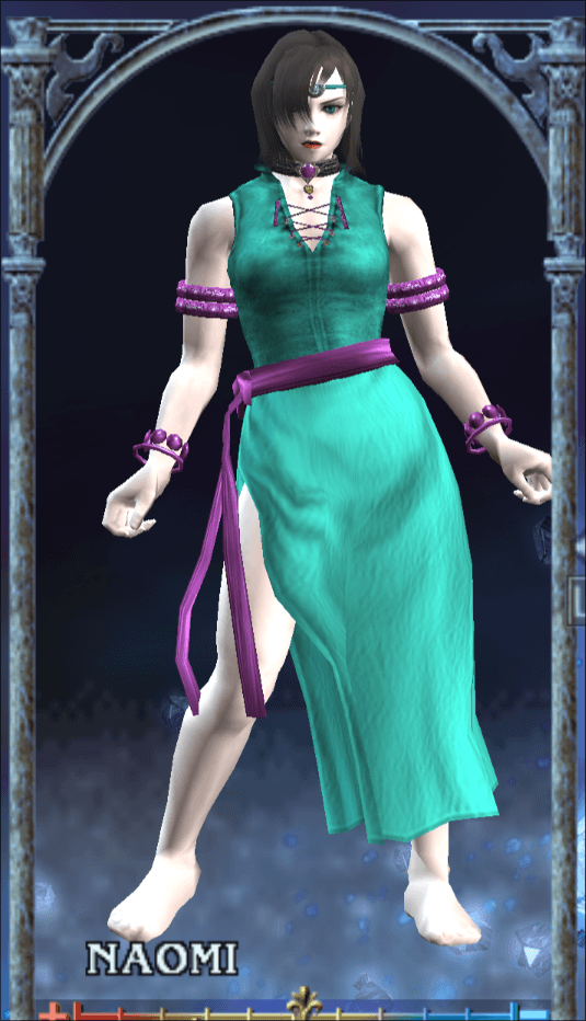 A 3D video game character model of a woman with short dark hair wearing a teal green dress with purple accents. The dress has a laced front, thigh-high slit, and is paired with purple arm bands. The character stands in a combat-ready pose within an ornate frame against a dark background. The name 'NAOMI' is displayed beneath the character.