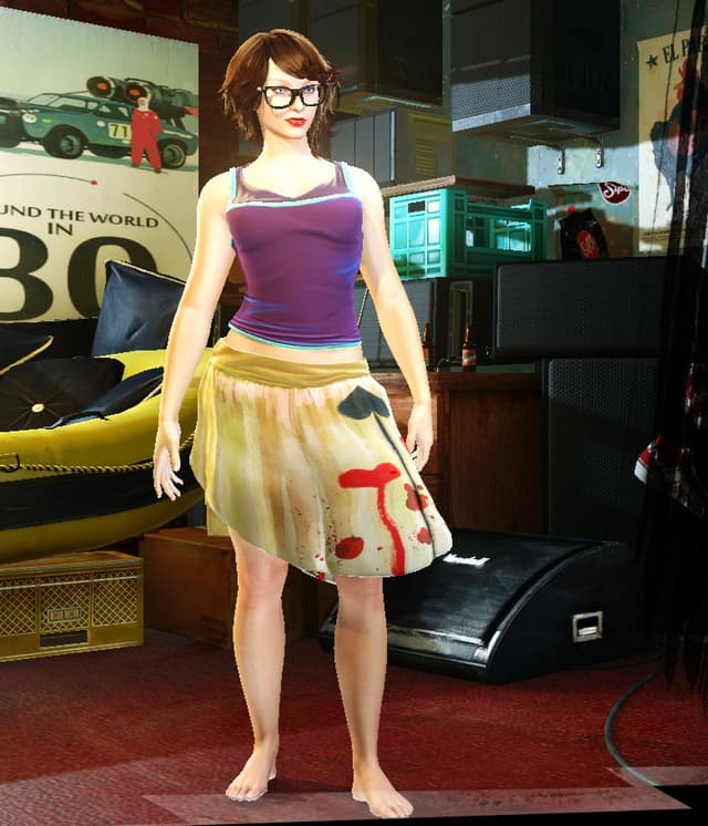 A 3D rendered character stands barefoot on a red carpet in what appears to be a garage or workshop setting. She wears black-rimmed glasses, a purple tank top, and a cream-colored knee-length skirt with red abstract designs on it. The character has short brown hair styled in a modern cut. Behind her are various automotive items including what appears to be a yellow vehicle and some storage units. Part of a vintage "Around the World" poster is visible on the wall.