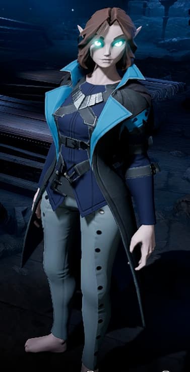 A 3D rendered character with elven features, glowing cyan eyes, and brown hair. The figure wears a blue and gray outfit consisting of a long coat, fitted pants, and a metallic necklace. The character is depicted in a dark, moody setting.