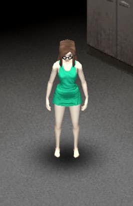 Pixelated video game character in a green dress standing in a dark hallway. She has brown hair and wears glasses.